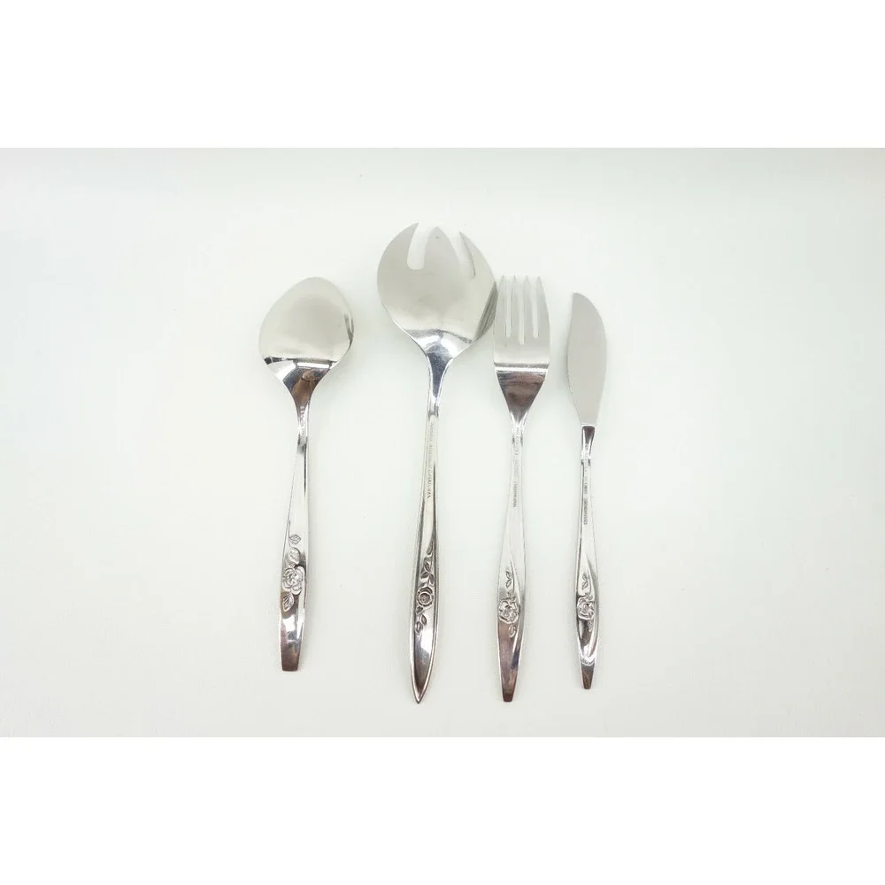 4 piece Oneida Oneidacraft Deluxe Lasting Rose Stainless Flatware‎ Lot